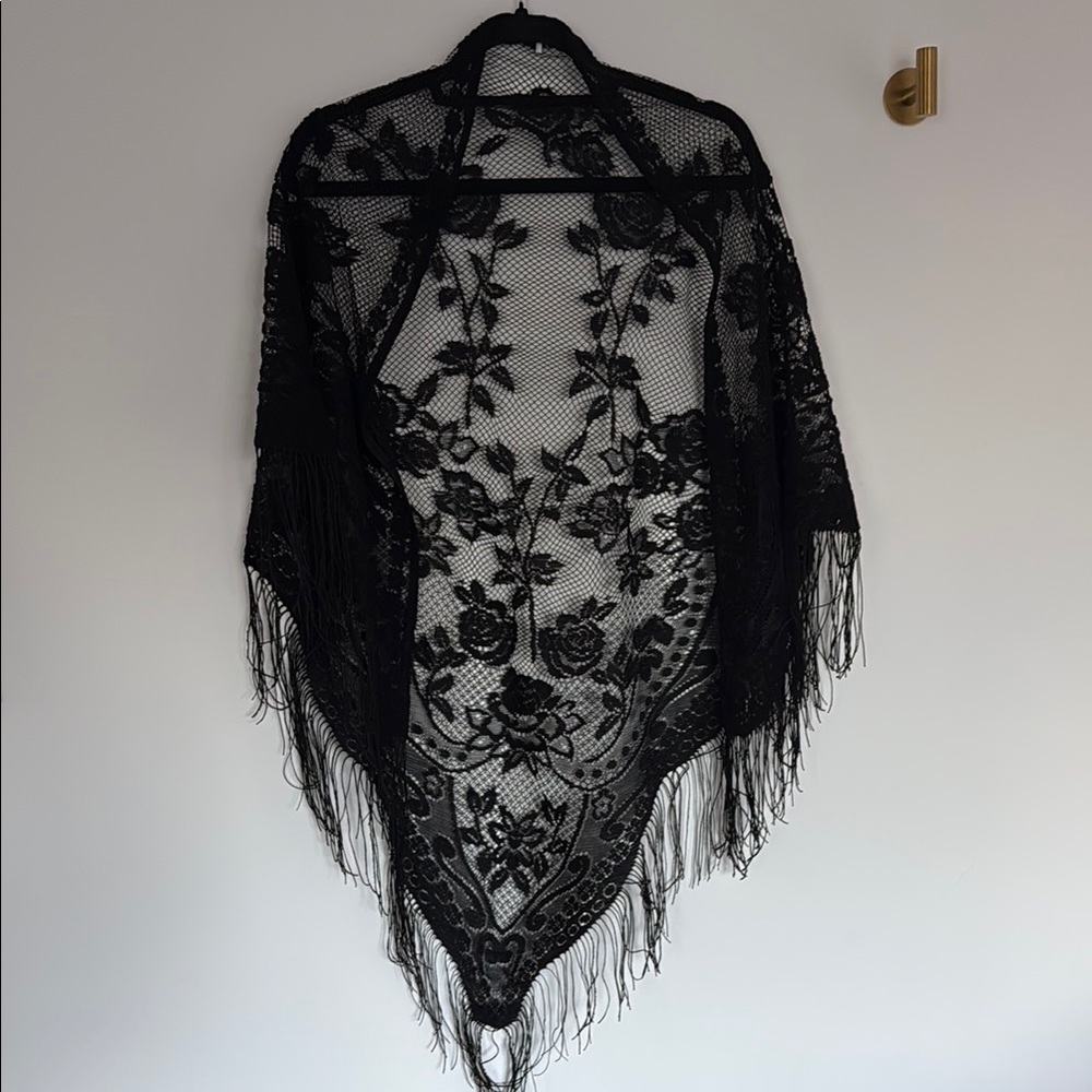 Elegant Black Lace Shawl with Fringe